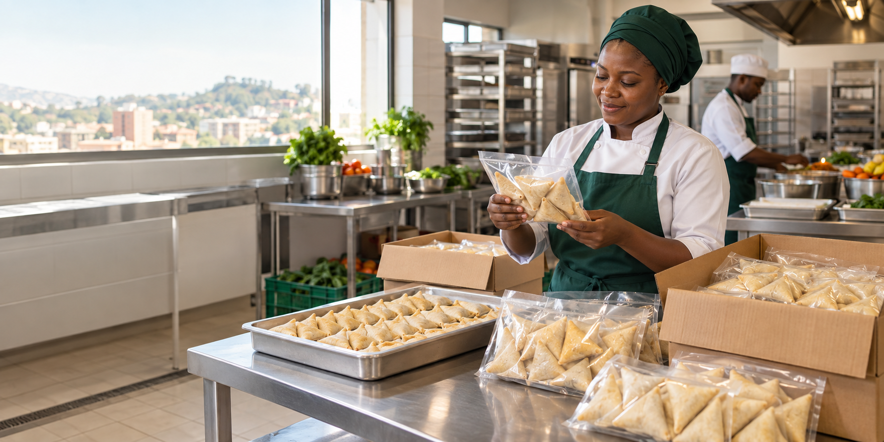 Professionnelle de la restauration préparant une commande de samoussas CANAAN
